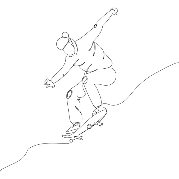 Guy doing tricks on a skateboard one line art. Continuous line drawing sports, training, sport, leisure, teenager, doing tricks, street culture, subculture, urban, extreme, youth man, stadium. Hand drawn vector illustration