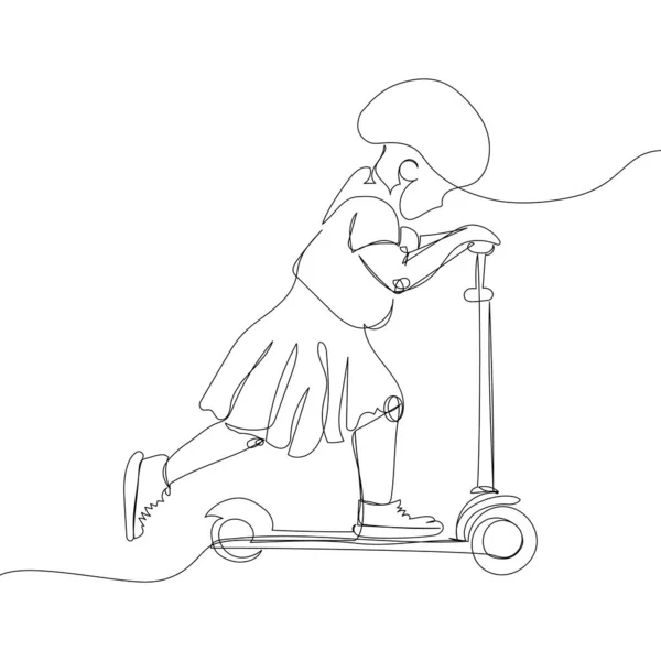 Girl Protective Helmet Scooter One Line Art Continuous Line Drawing — Vector de stock