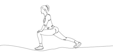 Woman doing stretching, lunges one line art. Continuous line drawing sports, fitness, physical education, athletics, strength, athletic body, yoga asana, athlete, girl, gym, butt workout, stretching