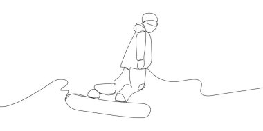 Human doing tricks on a snowboard one line art. Continuous line drawing sport, winter sports, do tricks, snowboarding, competition, extreme, uniform, man, woman, teenager, leisure, hobby. Hand drawn