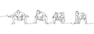 Japanese wrestlers sumo set one line art. Continuous line drawing japan, fight, obesity, big man, person, pre-fight greeting, athlete, training, form, sport. Hand drawn vector illustration