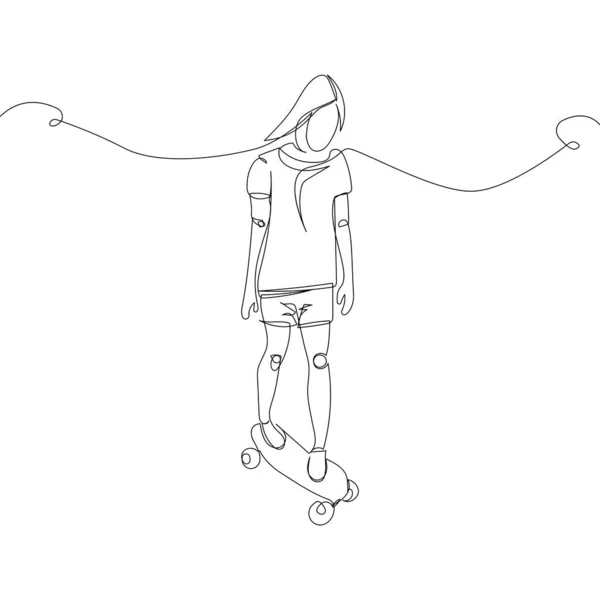 Girl Rides Skateboard One Line Art Continuous Line Drawing Sports — Vector de stock