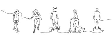 People ride on a skateboard, roller skates, scooter, gyro, hoverboard set one line art. Continuous line drawing sport, leisure, teenager, doing tricks, street culture, urban, extreme, youth man