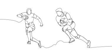 Rugby players with ball, forward set one line art. Continuous line drawing American football, game, sport, soccer ball, activity, training, running, competition, cleats. Hand drawn vector illustration