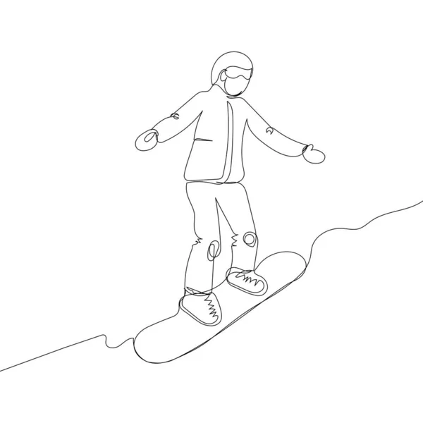 Human riding a snowboard one line art. Continuous line drawing sport, winter sports, do tricks, snowboarding, competition, extreme, uniform, man, leisure, hobby. Hand drawn vector illustration
