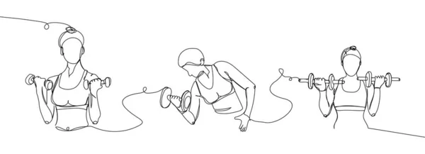 Girls Dumbbells Set One Line Art Continuous Line Drawing Sports — Image vectorielle
