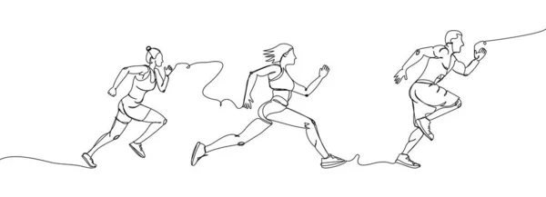 Man Woman Running Sprinter Set One Line Art Continuous Line — Vector de stock