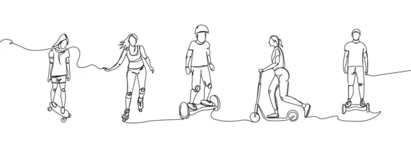 People Ride Skateboard Roller Skates Scooter Gyro Hoverboard Set One — Stok Vektör