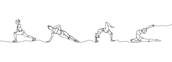 Gymnast Yoga Fitness People Training Set One Line Art Continuous — Stockvektor