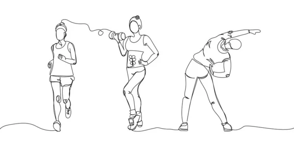 Fitness Girls Training Set One Line Art Continuous Line Drawing — Wektor stockowy