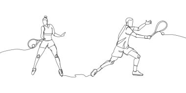 Tennis players with racket, racquet one line art. Continuous line drawing hit the ball, competition, sport, woman, male, athlete, leisure, hobby, championship, tournament. Hand drawn vector