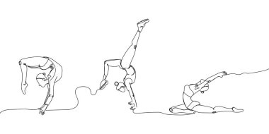 Yoga, gymnasts, acrobats, training set one line art. Continuous line drawing sports, fitness, pilates, athletics, strength, athletic, athlete, woman, gym, stretching abs exercises bridge exercise