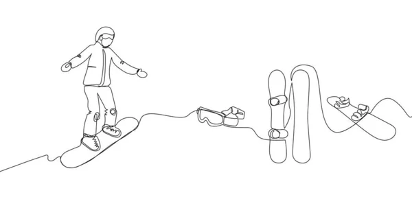 Хлопець Їздить Сноуборді Окулярами Встановив Одну Лінію Мистецтва Безперервна Лінія — стоковий вектор