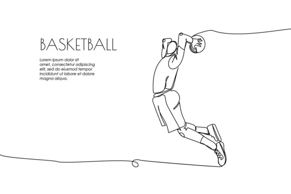 Web banner basketball player throws the ball into the basket one line art. Continuous line drawing of promotion poster, sports, training, championship, ball, man, stadium. Hand drawn vector