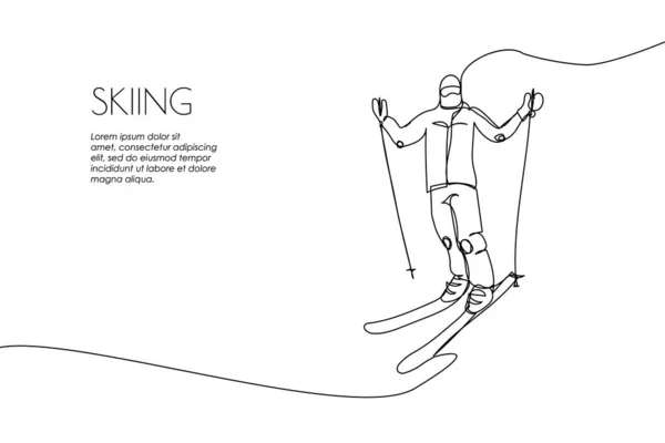 Web Banner Man Skiing Mountain One Line Art Continuous Line — ストックベクタ