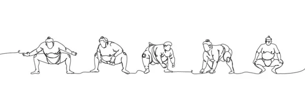Japanese Wrestlers Five Sumo Set One Line Art Continuous Line — Stockvektor