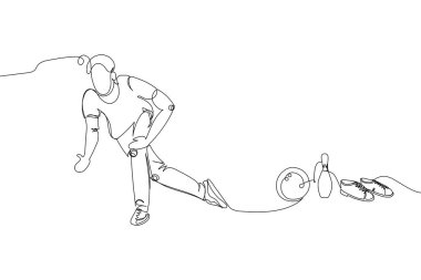 Top, Skittles ve spor ayakkabılı bovling oyuncusu bir çizgi çizer. Devamlı çizgi çizme oyunu, eğlence, aktivite, grev, Skittles, top atma, eğlence, takım sporu. El çizimi vektör