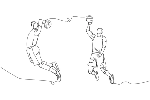Kosárlabda Játékosok Dobja Labdát Meg Egy Vonal Művészet Folyamatos Vonalrajz — Stock Vector