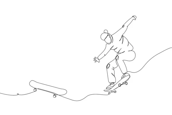 スケートボードでトリックを行うスケートボードは 1つのラインアートを設定します 連続線画スポーツ トレーニング スポーツ レジャー ティーンエイジャー トリックをやって ストリートカルチャー サブカルチャー — ストックベクタ