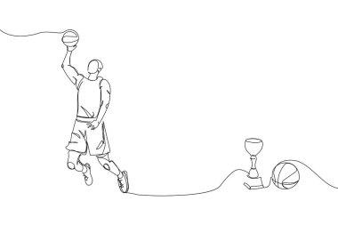 Kazanan kadehi ve top sanatı olan bir basketbolcu. Sürekli çizim, spor, antrenman, şampiyonluk, galibiyet, kupa, top, stadyum. El çizimi vektör illüstrasyonu