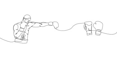 Boksör ve boks eldivenleri bir çizgi sanatı oluşturur. Sürekli koruma maskesi, boks, dövüş, vuruş, sporcular, savaş, spor, boks ringleri. El çizimi vektör illüstrasyonu