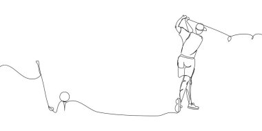 Golf sopası ve topu olan bir golf oyuncusu bir çizgi çizer. Devamlı çizilen çizgiler topa vuruyor, sopa, oyun, golf, oyuncu, rahatlama, rekabet, kulüp, delik, statü, spor. El çizimi vektör