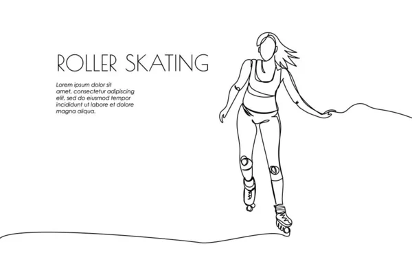 Web Banner Mit Mädchen Rollerblading One Line Art Kontinuierliche Linienzeichnung — Stockvektor