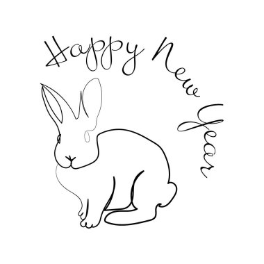 Tavşan, tavşan ve yazıt mutlu yeni yıl sanatı. Yeni yıl tatillerinin kesintisiz çizimleri, harfler, hayvanlar, zodyaklar, yılın sembolü, şenlikli atmosfer. El çizimi vektör illüstrasyonu.