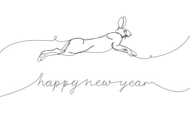 Tavşan, tavşan ve yazıtlı tebrik kartı. Mutlu yıllar ilk satır sanatı. Sürekli yeni yıl çizimleri, harfler, hayvanlar, zodyaklar, yılın sembolü. El çizimi vektör illüstrasyonu.