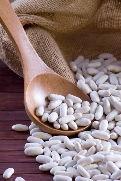 Bílé fazole - Cannellini (luštěniny) v dřevěnou lžící a pytel — Stock fotografie
