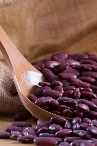 Červené fazole v dřevěnou lžící a pytel — Stock fotografie
