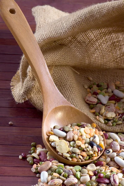 Mix of legumes in a wooden spoon — Stock Photo, Image