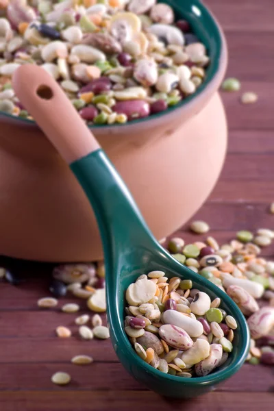 Miscela di legumi in un vaso di terracotta — Foto Stock