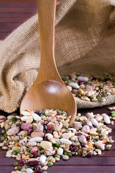 Mix of legumes in a wooden spoon — Stock Photo, Image