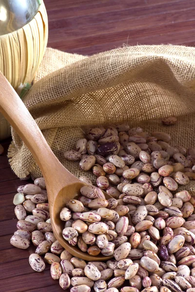 Fagioli borlotti in un cucchiaio di legno e sacchetto — Foto Stock