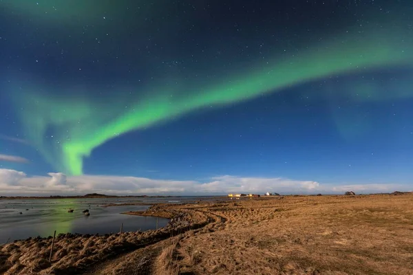 Northern Lights Aurora Borealis Haukland Beach Sandoya Island Vestvgy Lofoten — Foto Stock