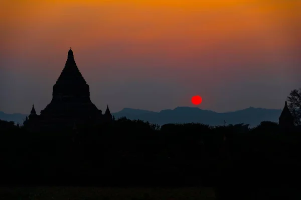 Pagode Backlight Silhueta Templo Stupa Pôr Sol Bagan Mandalay Division — Fotografia de Stock