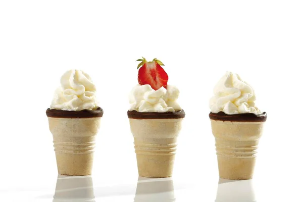 Wafer Ice Cream Cones Cream Strawberries — Stockfoto