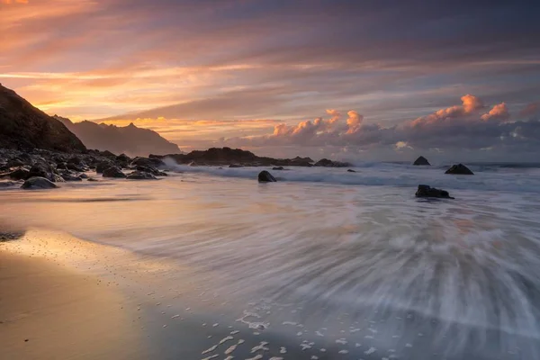 Strand Playa Benijo Felsen Roques Anaga Sonnenuntergang Kanarische Insel Teneriffa — Stockfoto