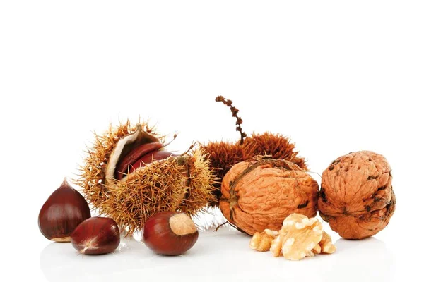 Persian Walnuts Juglans Regia Chestnuts Castanea — Fotografia de Stock