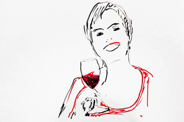 Retrato Uma Mulher Rindo Copo Vinho Desenho Artista Gerhard Kraus — Fotografia de Stock