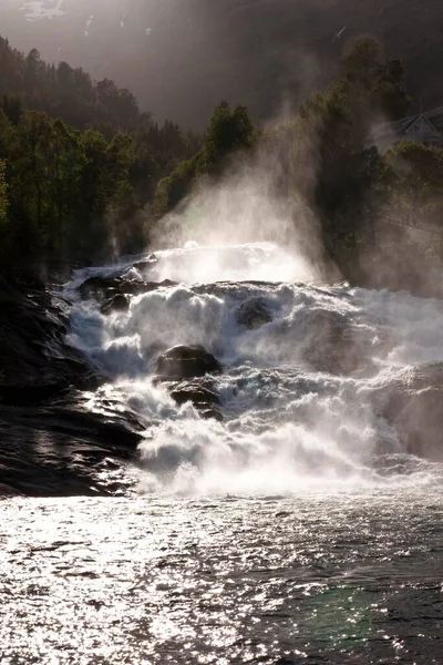 Hellesyltfossen River Flows Hellesylt Village Situated Head Sunnylvfjorden Hellesylt Norway — Stockfoto