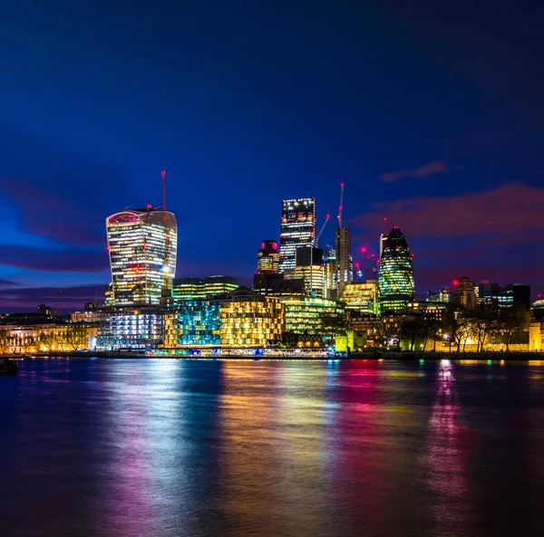 Skyline of the City of London, with Gherkin, Leadenhall Building and Walkie Talkie Building, night shot, London, England, United Kingdom, Europe