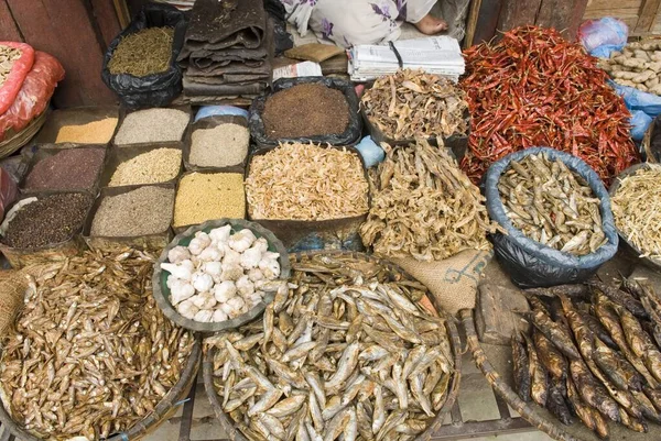 Market booth with dried fish at Durbar Square, Kathmandu, Nepal, Asia