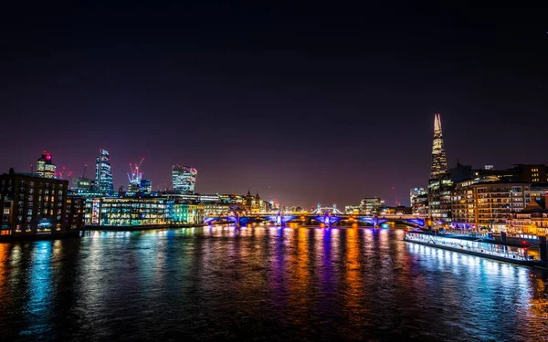Skyline Southwark Bridge Shard City London Night Thames Water Reflection — Stock Photo, Image