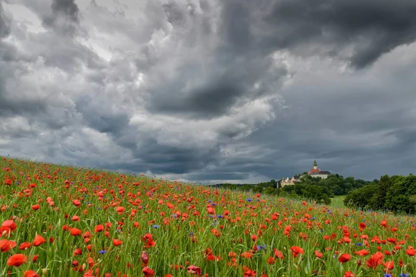 Thunderstorm Monastery Andechs Poppy Field Cornflowers Pilgrimage Church Starnberg District — Foto Stock