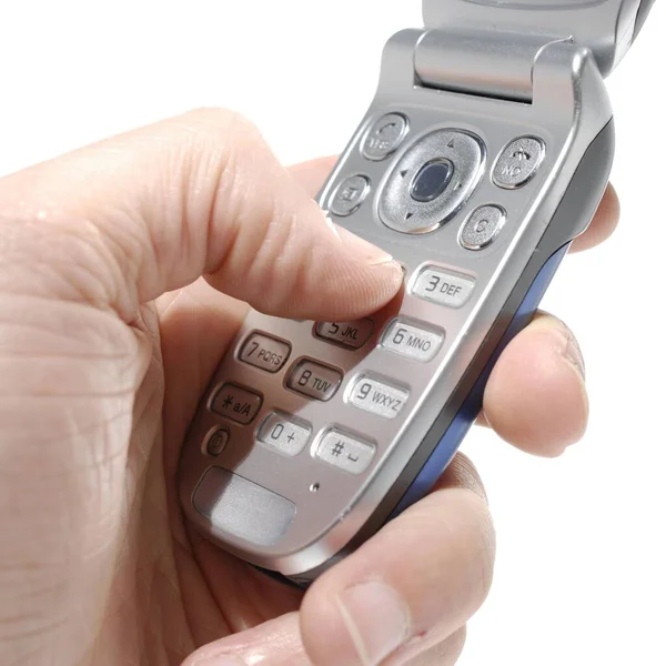 Close Hand Using Mobile Phone Keypad Send Text Messages — Fotografie, imagine de stoc