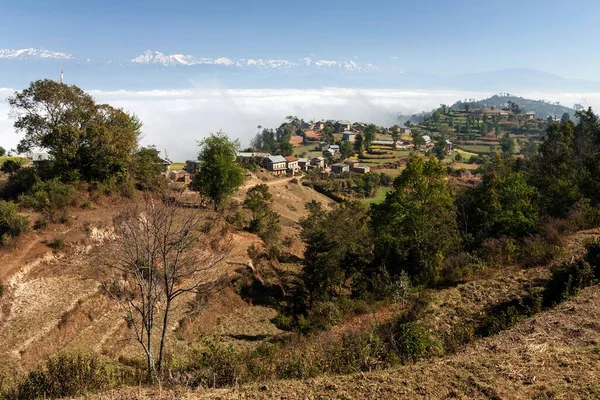 Vista Campo Casas Rurais Campos Terraços Montanhas Himalaia Nevoeiro Vale — Fotografia de Stock