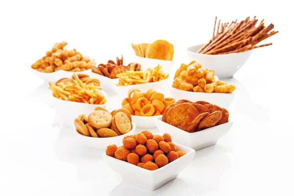 Various Spiced Snacks Bowls Crisps Peanut Flips Pretzel Sticks Potato —  Fotos de Stock
