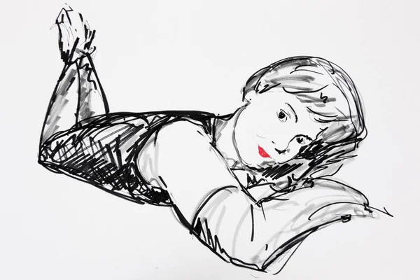Portrait Woman Lying Belly Drawing Artist Gerhard Kraus Kriftel — Stockfoto